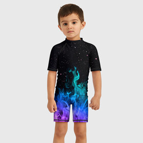 Детский купальный костюм 3D с принтом Перламутровый огонь в Тюмени, Полиэстер 85%, Спандекс 15% | застежка на молнии на спине | fire | space | звездное небо | звезды | космос | костер | огонь | огонь в небе | перламутр | перламутровый | пламя | пламя космос | северное сияние | синее пламя | синий огонь