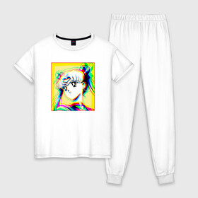 Женская пижама хлопок с принтом Сейлор Мун Усаги Цукино Sailor в Тюмени, 100% хлопок | брюки и футболка прямого кроя, без карманов, на брюках мягкая резинка на поясе и по низу штанин | Тематика изображения на принте: 90s anime | anime | kawaii | manga | sailor moon | sailor scout | usagi tsukino | vaporwave | аниме | воин в матроске | сейлор мун | усаги цукино