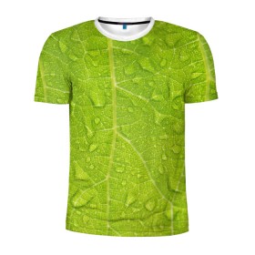 Мужская футболка 3D спортивная с принтом Листок с росой в Тюмени, 100% полиэстер с улучшенными характеристиками | приталенный силуэт, круглая горловина, широкие плечи, сужается к линии бедра | Тематика изображения на принте: зеленый | капли | перерода | текстура