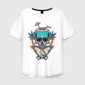 Мужская футболка хлопок Oversize с принтом Skull Summer в Тюмени, 100% хлопок | свободный крой, круглый ворот, “спинка” длиннее передней части | art | cocktail | palm | skull | surfboards | umbrella | арт | доски для серфинга | зонтик | коктейль | пальмы | череп