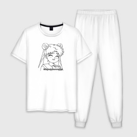 Мужская пижама хлопок с принтом Еда Делает Меня Счастливой! SM в Тюмени, 100% хлопок | брюки и футболка прямого кроя, без карманов, на брюках мягкая резинка на поясе и по низу штанин
 | Тематика изображения на принте: 90s | anime girl | cute | kawaii | luna | sailor moon | usagi tsukino | аниме | аниме девушка | каваии | кавай | луна | манга | марс | меркурий | сейлор | сейлор мун | усаги цукино