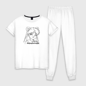 Женская пижама хлопок с принтом Еда Делает Меня Счастливой! SM в Тюмени, 100% хлопок | брюки и футболка прямого кроя, без карманов, на брюках мягкая резинка на поясе и по низу штанин | Тематика изображения на принте: 90s | anime girl | cute | kawaii | luna | sailor moon | usagi tsukino | аниме | аниме девушка | каваии | кавай | луна | манга | марс | меркурий | сейлор | сейлор мун | усаги цукино