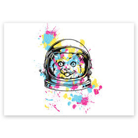 Поздравительная открытка с принтом Кот в скафандре в Тюмени, 100% бумага | плотность бумаги 280 г/м2, матовая, на обратной стороне линовка и место для марки
 | арт | в космосе | животные | картинка | кляксы | космос | кот | кошка | принт | рисунок | скафандр | цветное