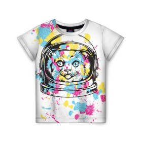 Детская футболка 3D с принтом Кот в скафандре в Тюмени, 100% гипоаллергенный полиэфир | прямой крой, круглый вырез горловины, длина до линии бедер, чуть спущенное плечо, ткань немного тянется | арт | в космосе | животные | картинка | кляксы | космос | кот | кошка | принт | рисунок | скафандр | цветное