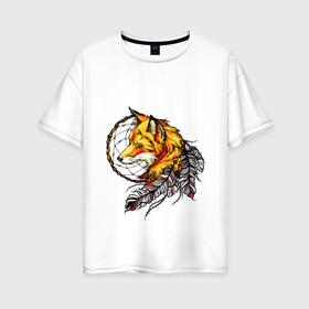 Женская футболка хлопок Oversize с принтом Страж снов в Тюмени, 100% хлопок | свободный крой, круглый ворот, спущенный рукав, длина до линии бедер
 | арт | желтый | животные | картинка | лис | лиса | ловец снов | перо | перья | рисунок | рыжий