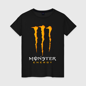 Женская футболка хлопок с принтом MONSTER ENERGY в Тюмени, 100% хлопок | прямой крой, круглый вырез горловины, длина до линии бедер, слегка спущенное плечо | black monster | bmx | claw | cybersport | energy | monster | monster energy | moto | motocross | race | sport | киберспорт | когти | монстер энерджи | монстр | мото | мотокросс | ралли | скейтбординг | спорт | т | энергия