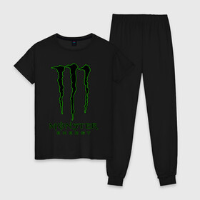 Женская пижама хлопок с принтом MONSTER ENERGY в Тюмени, 100% хлопок | брюки и футболка прямого кроя, без карманов, на брюках мягкая резинка на поясе и по низу штанин | black monster | bmx | claw | cybersport | energy | monster | monster energy | moto | motocross | race | sport | киберспорт | когти | монстер энерджи | монстр | мото | мотокросс | ралли | скейтбординг | спорт | т | энергия