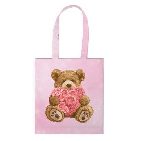 Сумка 3D повседневная с принтом Плюшевый медведь с сердечком в Тюмени, 100% полиэстер | Плотность: 200 г/м2; Размер: 34×35 см; Высота лямок: 30 см | арт | животные | картинка | медвежонок | мишка | плюшевый медведь | рисунок | розовые цветы | розочки | розы | сердечко | сердце | сердце из роз | цветы