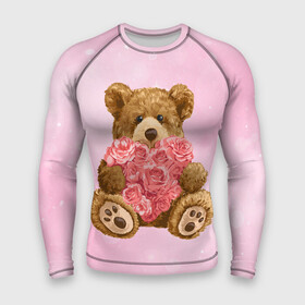 Мужской рашгард 3D с принтом Плюшевый медведь с сердечком в Тюмени,  |  | арт | животные | картинка | медвежонок | мишка | плюшевый медведь | рисунок | розовые цветы | розочки | розы | сердечко | сердце | сердце из роз | цветы