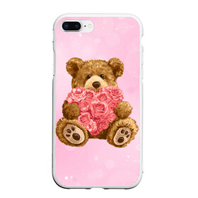 Чехол для iPhone 7Plus/8 Plus матовый с принтом Плюшевый медведь с сердечком в Тюмени, Силикон | Область печати: задняя сторона чехла, без боковых панелей | арт | животные | картинка | медвежонок | мишка | плюшевый медведь | рисунок | розовые цветы | розочки | розы | сердечко | сердце | сердце из роз | цветы