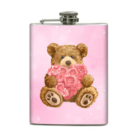 Фляга с принтом Плюшевый медведь с сердечком в Тюмени, металлический корпус | емкость 0,22 л, размер 125 х 94 мм. Виниловая наклейка запечатывается полностью | арт | животные | картинка | медвежонок | мишка | плюшевый медведь | рисунок | розовые цветы | розочки | розы | сердечко | сердце | сердце из роз | цветы