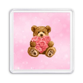 Магнит 55*55 с принтом Плюшевый медведь с сердечком в Тюмени, Пластик | Размер: 65*65 мм; Размер печати: 55*55 мм | арт | животные | картинка | медвежонок | мишка | плюшевый медведь | рисунок | розовые цветы | розочки | розы | сердечко | сердце | сердце из роз | цветы