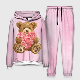 Мужской костюм 3D (с толстовкой) с принтом Плюшевый медведь с сердечком в Тюмени,  |  | Тематика изображения на принте: арт | животные | картинка | медвежонок | мишка | плюшевый медведь | рисунок | розовые цветы | розочки | розы | сердечко | сердце | сердце из роз | цветы