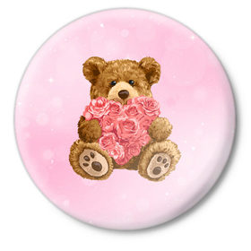 Значок с принтом Плюшевый медведь с сердечком в Тюмени,  металл | круглая форма, металлическая застежка в виде булавки | Тематика изображения на принте: арт | животные | картинка | медвежонок | мишка | плюшевый медведь | рисунок | розовые цветы | розочки | розы | сердечко | сердце | сердце из роз | цветы