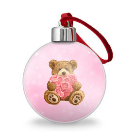 Ёлочный шар с принтом Плюшевый медведь с сердечком в Тюмени, Пластик | Диаметр: 77 мм | Тематика изображения на принте: арт | животные | картинка | медвежонок | мишка | плюшевый медведь | рисунок | розовые цветы | розочки | розы | сердечко | сердце | сердце из роз | цветы