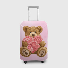 Чехол для чемодана 3D с принтом Плюшевый медведь с сердечком в Тюмени, 86% полиэфир, 14% спандекс | двустороннее нанесение принта, прорези для ручек и колес | арт | животные | картинка | медвежонок | мишка | плюшевый медведь | рисунок | розовые цветы | розочки | розы | сердечко | сердце | сердце из роз | цветы