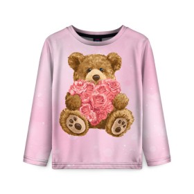 Детский лонгслив 3D с принтом Плюшевый медведь с сердечком в Тюмени, 100% полиэстер | длинные рукава, круглый вырез горловины, полуприлегающий силуэт
 | арт | животные | картинка | медвежонок | мишка | плюшевый медведь | рисунок | розовые цветы | розочки | розы | сердечко | сердце | сердце из роз | цветы