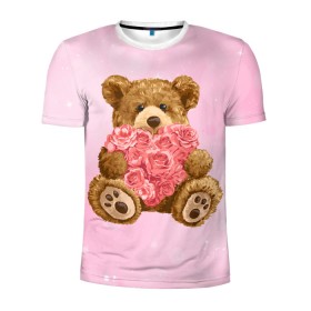 Мужская футболка 3D спортивная с принтом Плюшевый медведь с сердечком в Тюмени, 100% полиэстер с улучшенными характеристиками | приталенный силуэт, круглая горловина, широкие плечи, сужается к линии бедра | арт | животные | картинка | медвежонок | мишка | плюшевый медведь | рисунок | розовые цветы | розочки | розы | сердечко | сердце | сердце из роз | цветы