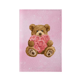 Обложка для паспорта матовая кожа с принтом Плюшевый медведь с сердечком в Тюмени, натуральная матовая кожа | размер 19,3 х 13,7 см; прозрачные пластиковые крепления | арт | животные | картинка | медвежонок | мишка | плюшевый медведь | рисунок | розовые цветы | розочки | розы | сердечко | сердце | сердце из роз | цветы