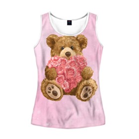 Женская майка 3D с принтом Плюшевый медведь с сердечком в Тюмени, 100% полиэстер | круглая горловина, прямой силуэт, длина до линии бедра | арт | животные | картинка | медвежонок | мишка | плюшевый медведь | рисунок | розовые цветы | розочки | розы | сердечко | сердце | сердце из роз | цветы