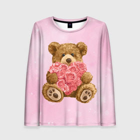 Женский лонгслив 3D с принтом Плюшевый медведь с сердечком в Тюмени, 100% полиэстер | длинные рукава, круглый вырез горловины, полуприлегающий силуэт | арт | животные | картинка | медвежонок | мишка | плюшевый медведь | рисунок | розовые цветы | розочки | розы | сердечко | сердце | сердце из роз | цветы