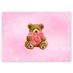 Поздравительная открытка с принтом Плюшевый медведь с сердечком в Тюмени, 100% бумага | плотность бумаги 280 г/м2, матовая, на обратной стороне линовка и место для марки
 | Тематика изображения на принте: арт | животные | картинка | медвежонок | мишка | плюшевый медведь | рисунок | розовые цветы | розочки | розы | сердечко | сердце | сердце из роз | цветы