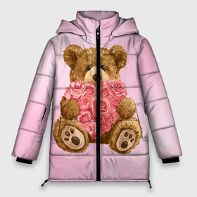 Женская зимняя куртка 3D с принтом Плюшевый медведь с сердечком в Тюмени, верх — 100% полиэстер; подкладка — 100% полиэстер; утеплитель — 100% полиэстер | длина ниже бедра, силуэт Оверсайз. Есть воротник-стойка, отстегивающийся капюшон и ветрозащитная планка. 

Боковые карманы с листочкой на кнопках и внутренний карман на молнии | арт | животные | картинка | медвежонок | мишка | плюшевый медведь | рисунок | розовые цветы | розочки | розы | сердечко | сердце | сердце из роз | цветы