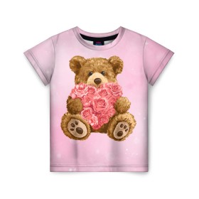 Детская футболка 3D с принтом Плюшевый медведь с сердечком в Тюмени, 100% гипоаллергенный полиэфир | прямой крой, круглый вырез горловины, длина до линии бедер, чуть спущенное плечо, ткань немного тянется | арт | животные | картинка | медвежонок | мишка | плюшевый медведь | рисунок | розовые цветы | розочки | розы | сердечко | сердце | сердце из роз | цветы