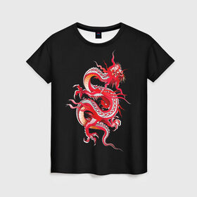 Женская футболка 3D с принтом Дракон в Тюмени, 100% полиэфир ( синтетическое хлопкоподобное полотно) | прямой крой, круглый вырез горловины, длина до линии бедер | арт | дракон | дракоша | животные | картинка | китайский дракон | красный дракон | рисунок | японский дракон | ящер