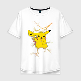 Мужская футболка хлопок Oversize с принтом Pikachu в Тюмени, 100% хлопок | свободный крой, круглый ворот, “спинка” длиннее передней части | anime | pikachu | pokemon | pokemon logo | аниме | анимэ | пика | пикачу | покемон | покемон постер | эш и пикачу | эш кетчум | япония | японский