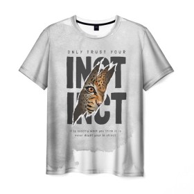 Мужская футболка 3D с принтом INSTINCT Инстинкт хищника тигр в Тюмени, 100% полиэфир | прямой крой, круглый вырез горловины, длина до линии бедер | большая кошка. тигр | дикая природа | инстинкт | инстинкт выживания | кошка | лев | леопард | надпись | текст | фраза | хищник | хищница