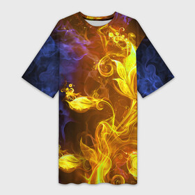 Платье-футболка 3D с принтом Огненный цветок в Тюмени,  |  | fire | flame | luxe | абстракция | дым | золото | золотой | красивая | огонь | пламя | пламя космос | психоделика | разводы красок | синий | фракталы | цветок