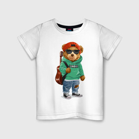 Детская футболка хлопок с принтом Медведь с гитарой в Тюмени, 100% хлопок | круглый вырез горловины, полуприлегающий силуэт, длина до линии бедер | summer | арт | бард | гитара | животные | картинка | кеды | лето | медведь | медвежонок | музыкант | песни | рванные джинсы | рисунок