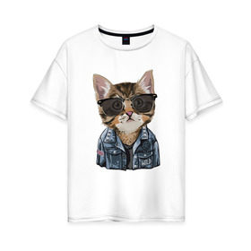 Женская футболка хлопок Oversize с принтом Кот в очках в Тюмени, 100% хлопок | свободный крой, круглый ворот, спущенный рукав, длина до линии бедер
 | cat | в очках | кот | кот рокер | котик | котяра | кошка | крутой кот | милый | милый кот | рокер