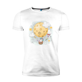 Мужская футболка премиум с принтом Единорог в космосе в Тюмени, 92% хлопок, 8% лайкра | приталенный силуэт, круглый вырез ворота, длина до линии бедра, короткий рукав | nasa | воздушный шар | единорог | звезды | космос | луна | милый | милый единорог
