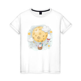 Женская футболка хлопок с принтом Единорог в космосе в Тюмени, 100% хлопок | прямой крой, круглый вырез горловины, длина до линии бедер, слегка спущенное плечо | nasa | воздушный шар | единорог | звезды | космос | луна | милый | милый единорог