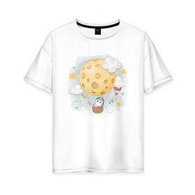 Женская футболка хлопок Oversize с принтом Единорог в космосе в Тюмени, 100% хлопок | свободный крой, круглый ворот, спущенный рукав, длина до линии бедер
 | nasa | воздушный шар | единорог | звезды | космос | луна | милый | милый единорог