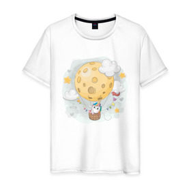 Мужская футболка хлопок с принтом Единорог в космосе в Тюмени, 100% хлопок | прямой крой, круглый вырез горловины, длина до линии бедер, слегка спущенное плечо. | nasa | воздушный шар | единорог | звезды | космос | луна | милый | милый единорог