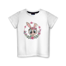 Детская футболка хлопок с принтом Милый зайка в Тюмени, 100% хлопок | круглый вырез горловины, полуприлегающий силуэт, длина до линии бедер | арт | детская | животные | заиц | зай | зайка | зайчонок | заяц | картинка | мылый | праздник | рисунок | цветочки