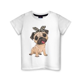 Детская футболка хлопок с принтом милый мопс в Тюмени, 100% хлопок | круглый вырез горловины, полуприлегающий силуэт, длина до линии бедер | versace | арт | версаче | гламурный | животные | золото | картинка | леопард | милый | мода | мопс | мопсиха | пес | песик | рисунок | собака