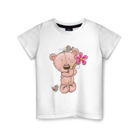 Детская футболка хлопок с принтом Милый мишка с цветочком в Тюмени, 100% хлопок | круглый вырез горловины, полуприлегающий силуэт, длина до линии бедер | арт | воробушек | воробьи | животные | картинка | медведь | медвежонок | мишка | плюшевый мишка | подарок | птичка | рисунок | цветок | цветочки