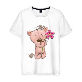 Мужская футболка хлопок с принтом Милый мишка с цветочком в Тюмени, 100% хлопок | прямой крой, круглый вырез горловины, длина до линии бедер, слегка спущенное плечо. | арт | воробушек | воробьи | животные | картинка | медведь | медвежонок | мишка | плюшевый мишка | подарок | птичка | рисунок | цветок | цветочки