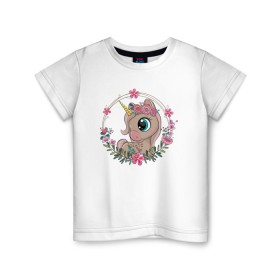 Детская футболка хлопок с принтом Милый единорог в Тюмени, 100% хлопок | круглый вырез горловины, полуприлегающий силуэт, длина до линии бедер | венок | единорог | единорог девочка | единорожка | животные | милая | пони | рисунок | цветочки | цветы