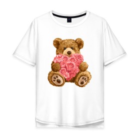 Мужская футболка хлопок Oversize с принтом Плюшевый медведь с сердечком в Тюмени, 100% хлопок | свободный крой, круглый ворот, “спинка” длиннее передней части | Тематика изображения на принте: арт | животные | картинка | медвежонок | мишка | плюшевый медведь | рисунок | розовые цветы | розочки | розы | сердечко | сердце | сердце из роз | цветы