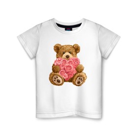 Детская футболка хлопок с принтом Плюшевый медведь с сердечком в Тюмени, 100% хлопок | круглый вырез горловины, полуприлегающий силуэт, длина до линии бедер | арт | животные | картинка | медвежонок | мишка | плюшевый медведь | рисунок | розовые цветы | розочки | розы | сердечко | сердце | сердце из роз | цветы