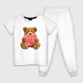 Детская пижама хлопок с принтом Плюшевый медведь с сердечком в Тюмени, 100% хлопок |  брюки и футболка прямого кроя, без карманов, на брюках мягкая резинка на поясе и по низу штанин
 | арт | животные | картинка | медвежонок | мишка | плюшевый медведь | рисунок | розовые цветы | розочки | розы | сердечко | сердце | сердце из роз | цветы
