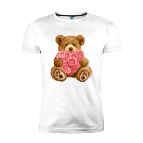 Мужская футболка премиум с принтом Плюшевый медведь с сердечком в Тюмени, 92% хлопок, 8% лайкра | приталенный силуэт, круглый вырез ворота, длина до линии бедра, короткий рукав | Тематика изображения на принте: арт | животные | картинка | медвежонок | мишка | плюшевый медведь | рисунок | розовые цветы | розочки | розы | сердечко | сердце | сердце из роз | цветы