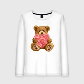 Женский лонгслив хлопок с принтом Плюшевый медведь с сердечком в Тюмени, 100% хлопок |  | арт | животные | картинка | медвежонок | мишка | плюшевый медведь | рисунок | розовые цветы | розочки | розы | сердечко | сердце | сердце из роз | цветы
