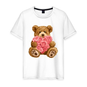 Мужская футболка хлопок с принтом Плюшевый медведь с сердечком в Тюмени, 100% хлопок | прямой крой, круглый вырез горловины, длина до линии бедер, слегка спущенное плечо. | арт | животные | картинка | медвежонок | мишка | плюшевый медведь | рисунок | розовые цветы | розочки | розы | сердечко | сердце | сердце из роз | цветы