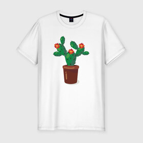 Мужская футболка хлопок Slim с принтом Кактус в Тюмени, 92% хлопок, 8% лайкра | приталенный силуэт, круглый вырез ворота, длина до линии бедра, короткий рукав | зелень | кактус | кактус в горшке | природа | рисунок | цветы